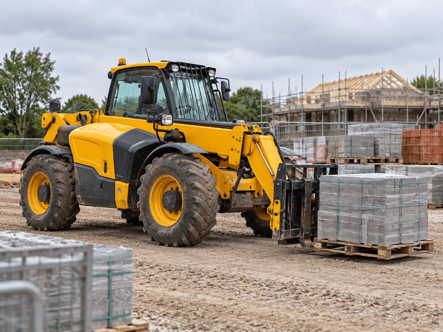 telehandler2 Telehandler unloading palletised building materials on a construction site